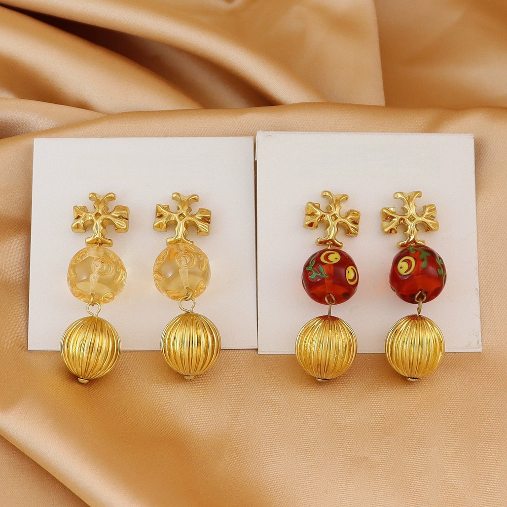 Tory Burch 3D Metal Letters Resin Ball Stud Drop Earrings